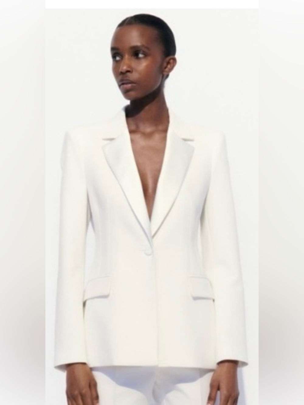Zara Tuxedo Blazer in Oyster White, featuring a satin lapel collar, tailored fit